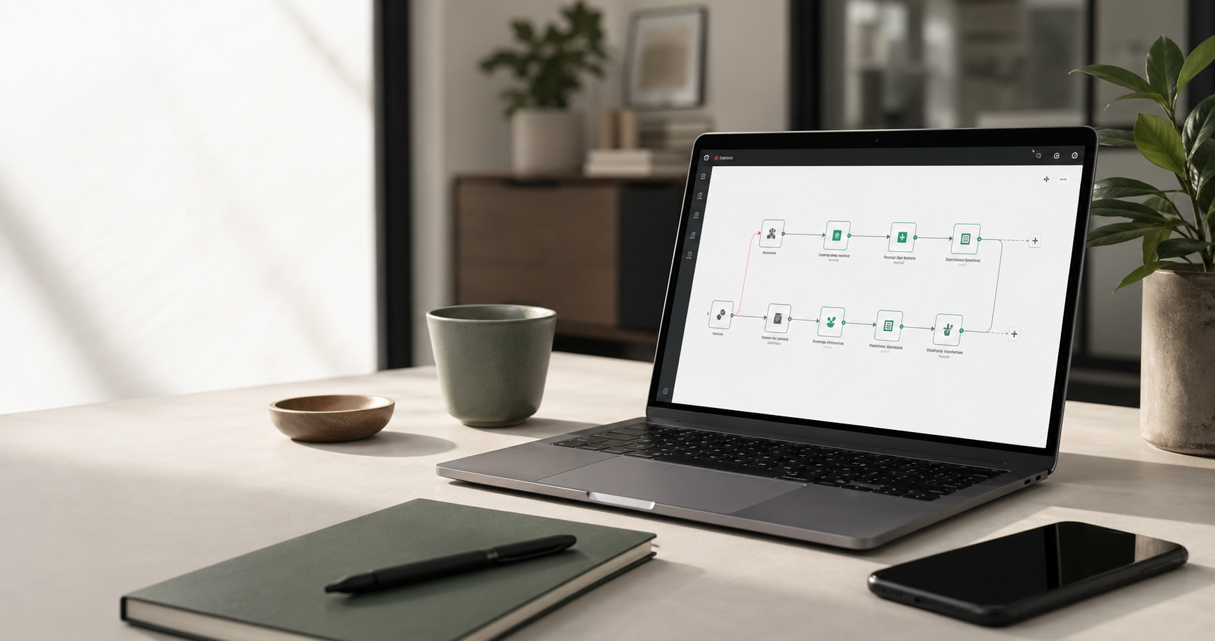 Laptop mit Workflow-Dashboard auf einem ruhigen Schreibtisch